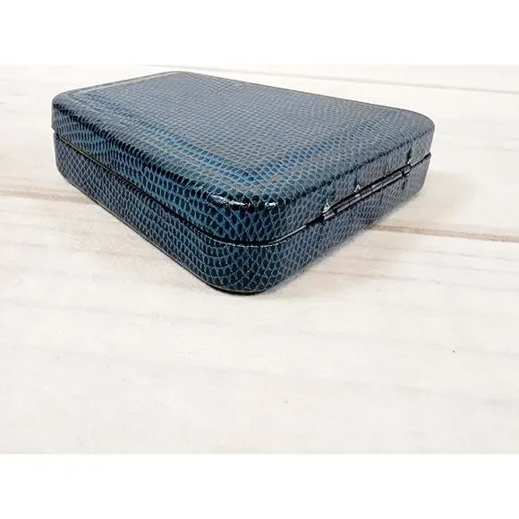Vintage Jewelry Trinket Presentation Box Blue Metal Faux Snakeskin Velvet - Picture 9 of 14